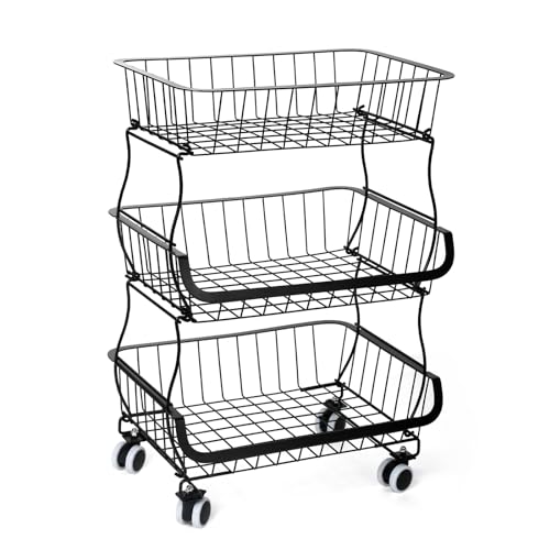 ONEDONE キッチンワゴン キャスター付き ワゴン キャスター付き キッチン収納 カート ラック バスケット 大容量 各段耐荷重10キロ 多機能ランドリー収納 調味料/皿/服/雑貨収納収納 洗濯室 バルコニー 組立簡単 メタル製 黒 (3段)