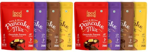 Image of Foodstrong Oats & Millets Pancake Mix (Vanilla, Chocolate, Blueberry & Choco Chip), High Protein & Fibre, No Maida, No Refined Sugar - With Jaggery, Eggless Instant Breakfast Mix 250g x Pack of 8