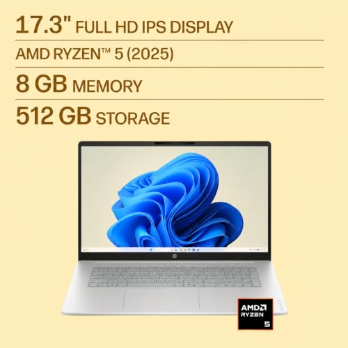 Image of HP OmniBook 3 17 inch FHD Laptop, AMD Ryzen 5, 8GB RAM 512GB SSD | AI Copilot, Wi-Fi 7, Bluetooth 6.0, 12H Long-Lasting Battery, Windows 11 Pro, Silver