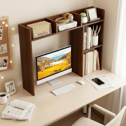 Image of Tangkula Desktop Bookshelf, Countertop Storage Hutch with Shelves for Computer Desk, Desk 3-Tier Display Rack, Multipurpose Wood Desktop Hutch Storage Organizer for Dorm Office (Walnut)