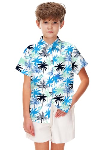 Image of Remimi Unisex Kids 4th of July Button Up Shirt Boys American Flag Print Hawaiian Beach Short Sleeve Tops 5-14 Years