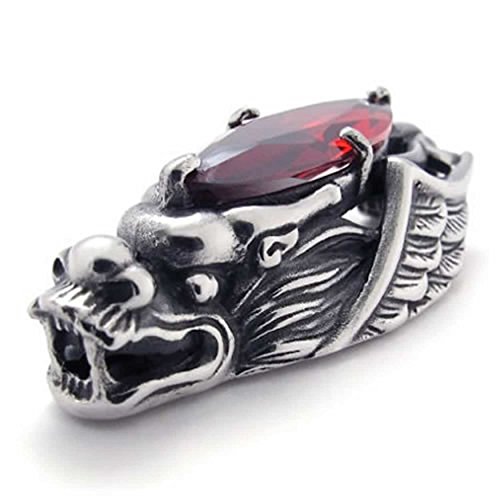 Collier homme acier inoxydable pendentif dragon rouge CZ anti-rouille durable