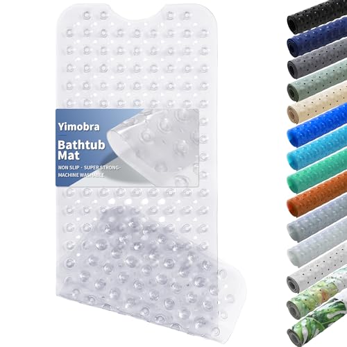 Yimobra Non Slip Bathtub Mat 40 x 16 Inch, Extra Long Shower Mat with Drain Holes, Machine Washable Baby Bath Mats, Strong Suction Cups for Bathroom Floor, Clear