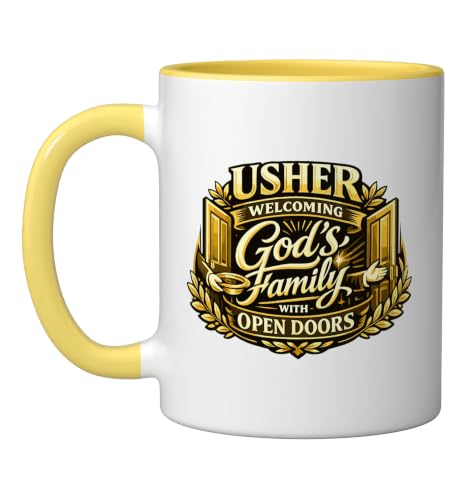 Usher Welcoming Gods Family Open Doors Church Ministry Chri Ceramic Mug, Yellow/White