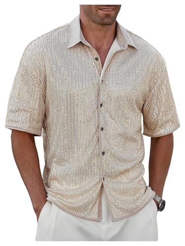 OYOANGLE Men's Sequin Shiny Button Down Shirt Short Sleeve Collared Shirts Party vacation Tops Gold X-Large