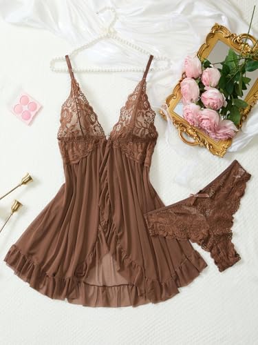 Image of Foxiny Sexy Open Front V Neck Ruffle Sheer Mesh Lace Wireless Babydoll Lingerie Dress with Thong 2 Piece