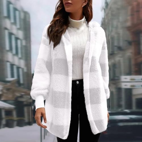 KIKX0DE Womens Long Fuzzy Shackets Plaid Flannel Long Sleeve Fall Jackets Casual Oversized Hooded Clothes Outfits4