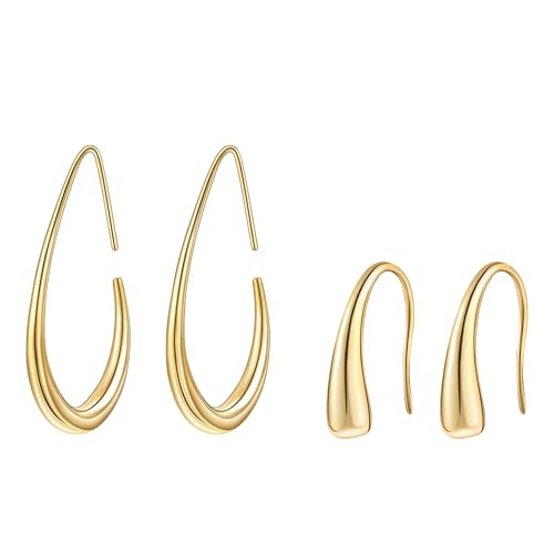 2 Pairs Gold Hoop Earrings for Women Hypoallergenic Lightweight Oval Pull Dangling Huggie Hoop Cartilage Teardrop Statement Chunky Large Multiple Piercing Small Trendy Jewelry Set Gift