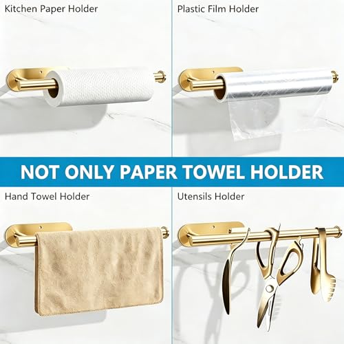 Image of Gold Paper Towel Holder Under Cabinet, Adhesive Paper Towel Roll Holder Stick on Wall, Stainless Steel Towel Paper Holder for Bathroom Kitchen