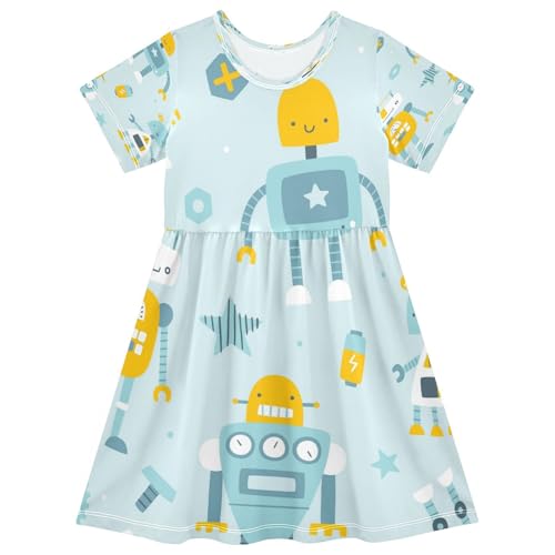 Cute Blue Robots Girls Dress Short Sleeve Dress Girls' Summer Sundress 4T