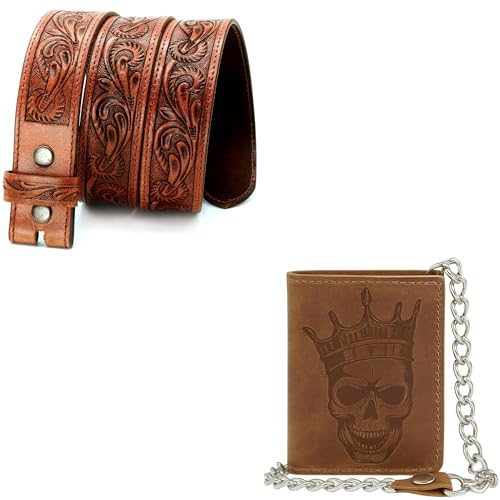 RAW HYD Men's Western Belt & Wallet Set – Full-Grain Tooled Leather Belt (Buckle/Buckle-Free) & Vintage Skull Trifold Wallet w/Steel Chain, Snap Closure, Card Slots, ID Slot & Zipper Pocket