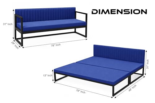 Image of Metal Sofa Cum Bed for Living Room | Modern Industrial Design Metal Frame 3 Seater Sofa Bed for Home, Office & Lounge-Blue