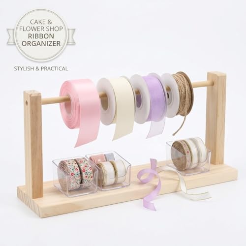 Support de ruban de fleurs et papier emballage cadeau en bois - 5