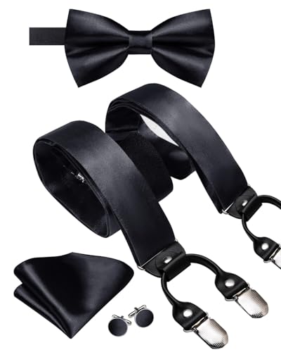 Image of Hi-Tie Men Suspender Bowtie Set Suspenders Pre-tied Bow Tie Pocket Square Cufflinks Adjustable Y Shape 6 Clips Braces Tuxedo