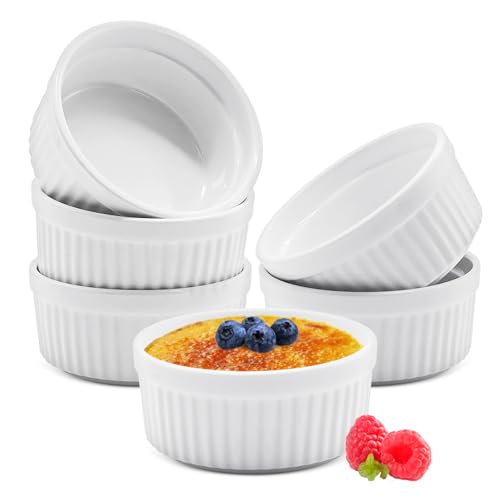 Iceten Ramekins Set of 6 - Small Dipping Bowls Sauce Pots Porcelain Souffle Dish for Souffle Creme Brulee Cupcakes Custards Pudding Jams Microwave and Oven Safety(9 * 4cm White)