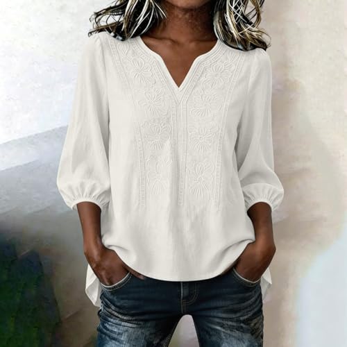 Embroidered Tops for Women 3/4 Sleeve Cotton Linen Shirt Boho V-Neck Blouse - image 5
