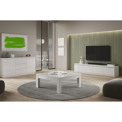 AltoBuy DEYTON - Ensemble Salon Laqué Blanc Meuble TV 4 Portes + Table Basse Carrée + Buffet