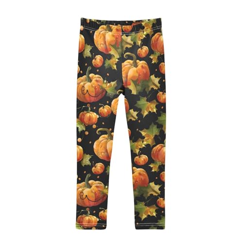 Orange Pumpkin Green Leaf Girls Leggings Soft Stretch Workout Yoga Dance Pants for Kids Casual Tights