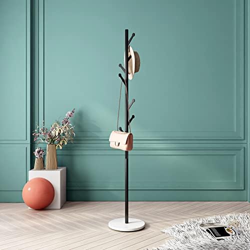 DR.IRON Modern Black Coat Racks Freestanding Hall Coat Tree,Hat Racks with Marble Base & Coat Hanger with Umbrella for Entryway Hallway, Office or Bedroom