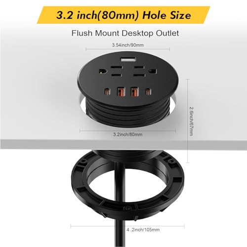 Kungfuking Desktop Power Grommet, Puerto de carga rápida 35W USB C, Multitoma empotrado para orificio de 3 pulgadas, 1 puerto de transferencia de datos, 2 tomas, 4 puertos USB, Multitoma para escritorio (Negro, cable de 1.8 metros) miniatura 6