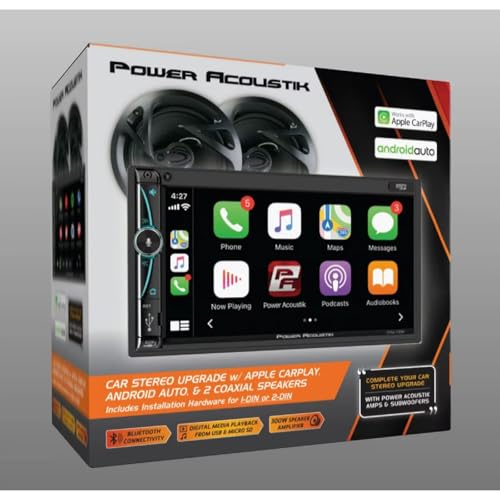 Power Acoustik Car Stereo Bundle: 7" Mechless HD LCD with Capacitive Touchscreen & Bluetooth with (2) 6.5" Speakers | Car Play and Android Auto