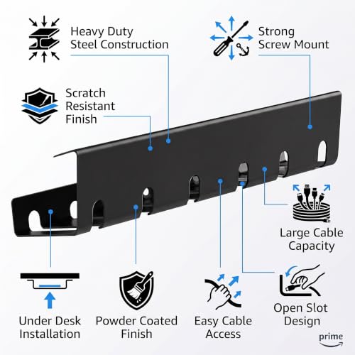 Image of JBM MART Metal Under Desk Cable Management Tray - Screw Mount Wire Organizer for Home Office Table, Holds Extension Board & Cords, Black | Includes 4 Screws & Manual