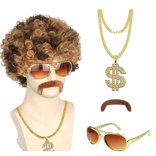 80er Jahre Outfit Herren Perücken, 4 Stück Vokuhila Perücke Set, Wig Sonnenbrille Halskette Schnurrbart, für Halloween Fasching Karneval Thema 70er 80er Kostüm Party （A）