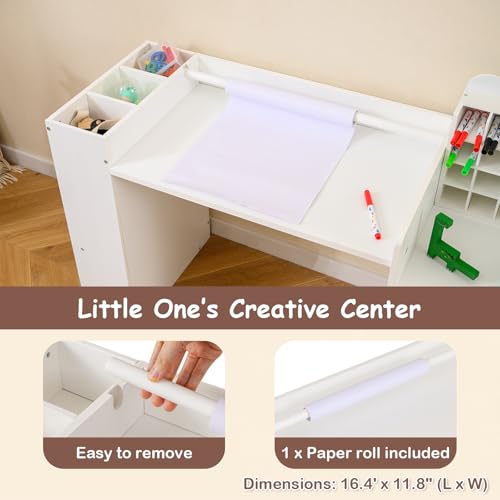 Image of Costzon Toddler Table and Chair Set, 2-in-1 Art Desk Set with Paper Roll | Drawing Table and Stool w / Cubby Cabinet, Storage Drawer and Side Book Rack for Drawing, Studying, Reading & Activity Play