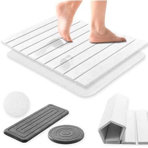 Foldable Stone Bath Mat, 23 X 15 Inch Stone Drying Mat for Kitchen Counter Bathroom Stone Mat Quick Dry, Non-Slip Diatomite Stone Bath Mat Large, Self Drying Bath Mat with 2 Water Absorbing Stone Tray Cover