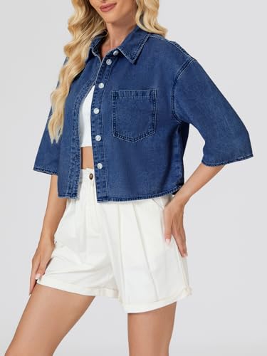 Women’s Cropped Denim Shirt Button Down Half Sleeve Casual Jean Jacket Lightweight Collared Summer Jean Top with Pocket4