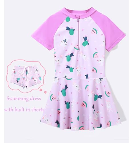 Image of Girls Swimsuit Girls One Piece Skirted Swimsuit Short Sleeve Floral Rash Guard Bathing Suit Swim Dress Swimwear