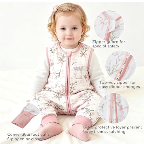 Image of Chilsuessy Toddler Sleep Sack with Feet 6-18 Months, 0.5 TOG Cotton Baby Wearable Blanket with Legs, Sleep Bag Walker with 2-Way Zipper, Rabbit