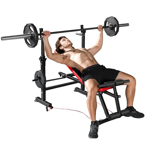 SPORTNOW Banco de Musculación Multifuncional, Carga 420 kg, Banco de Pesas Inclinable con Soporte para Barras Ajustable, Asiento y Respaldo Regulable, para Entrenamiento Completo en Casa Gimnasio
