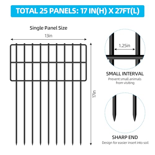 25 Panels Garden Fencing Animal Barrier, 17in (H) X 27ft (L) Dog Dig Fence Barrier, 1.25in Gap Rustproof Metal Stakes Decorative Garden Fence, Ground Defense Border Fence for Outdoor, Yard, Patio