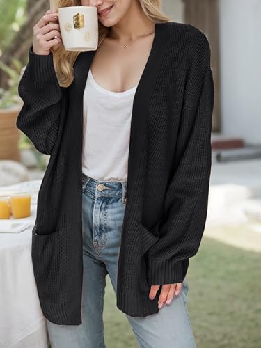 Jhsnjnr Womens Oversized Knit Cardigan Coat Long Lantern Sleeve Open Front Sweater Chunky Knitwear Black