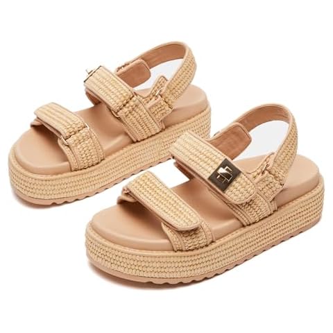 SOVANYOU Raffia Platform Sandals Wedges Raffia Sandals for Women Comfortable Woven Summer Sandals Nude Beach Sandals Rattan Slingback Platform Sandals Buckle Straw Sandals Cover