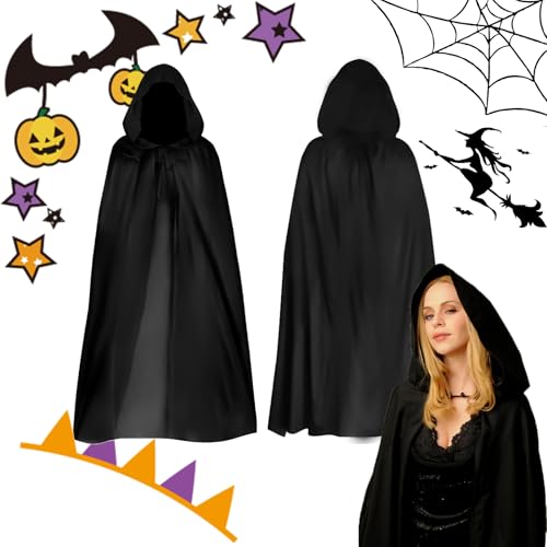 KARELLS Capa com capuz, capa preta, capa de Halloween unissexo, cosplay de bruxa vampiro mágico, para Halloween cosplay carnaval Natal festa disfarces, 110 cm
