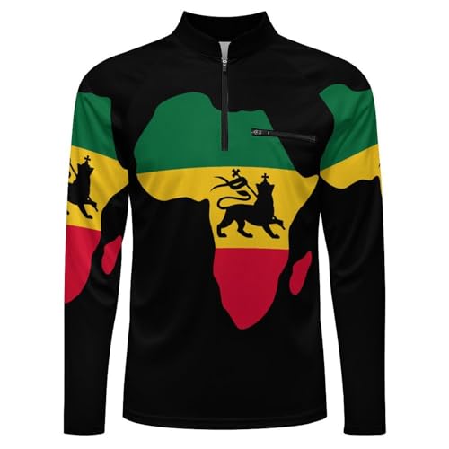 Map of Africa and Lion Rastafarian Flag Men's Rash Guard Long Sleeves Quick Dry Fishing Workout Shirts with Zipper4