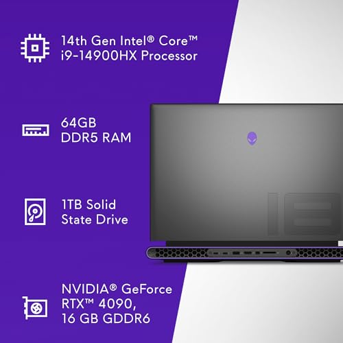 Image of Alienware m18 R2 Gaming Laptop, i9-14900HX, 64GB, 1TB SSD, NVIDIAGeForce RTX 4090, 16GB GDDR6, 18 inch(45.72cm) QHD+CompfortView Plus, English US AlienFX RGB Backlit Keyboard, Dark Metallic Moon, 4.23kg