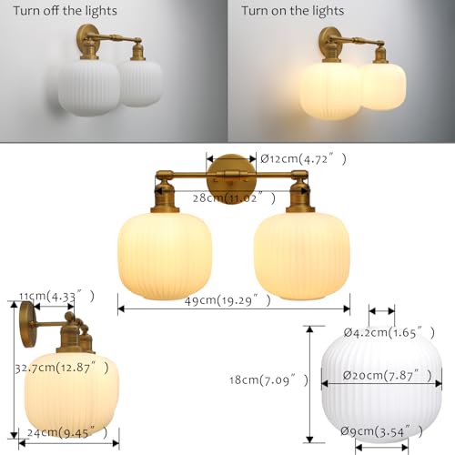 Image of Pathson 2 Lights Milk White Globe Wall Sconce, Hardwired Antique Double Sconce for Living Room Home Decor, Striped Glass Bathroom Vanity Light, E26 Bulb Base