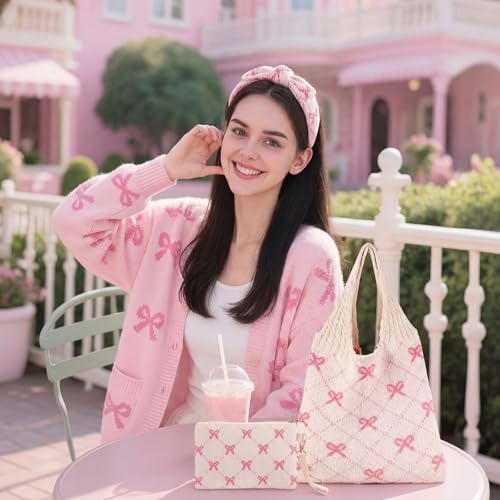 Bolso Tote de Crochet Rosa Sanwuta 2 Piezas miniatura 2