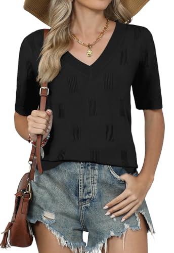 Image of Yincro Womens Short Sleeve Sweaters Fall Summer Tops V Neck Lightweight Knit Pullovers