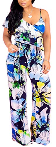 Perzeal Women's Casual Spaghetti Strap Sleeveless Floral Jumpsuit Sexy Wide Leg Long Pants Rompers #TOP6