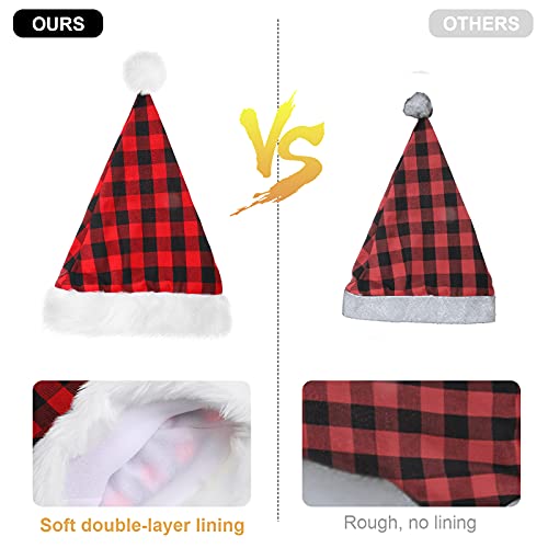 SATINIOR 6 Pieces Santa Hat Christmas Hat Claus Xmas Hat for Adults Unisex with Lining Plush Brim for Christmas New Year Party (Buffalo Plaid,Adult Size) - Image 4
