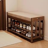 SACSTAR Shoe Rack and Storage Bench for Entryway, 2-Tier Upholstered Shoe Organizer with Cushion, 17.3' x 10.6' x 31.5' Entryway Shoe Bench for Hallway, Living Room
