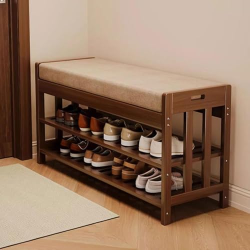 SACSTAR Shoe Rack and Storage Bench for Entryway, 2-Tier Upholstered Shoe Organizer with Cushion, 17.3