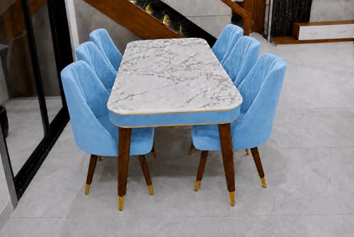 Image of WOODEN SPACE 6-Seater Wooden Dining Table Set | Nano Composite Marble Top | Solid Wood Base | Modern Dining Room Furniture with 6 Chairs (Blue Frontline)