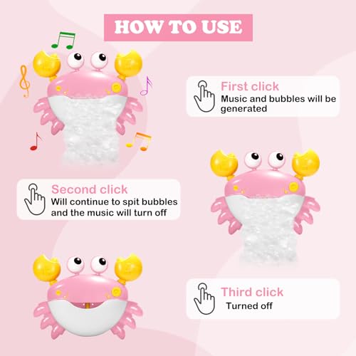 YUISTRE Baby Bath Toys Crab:Bubble Machine Bath Toy Crab Bath Bubble Maker,Blow Bubbles and Plays Children’s Songs,for Bath Toys Battery Operated(Pink)