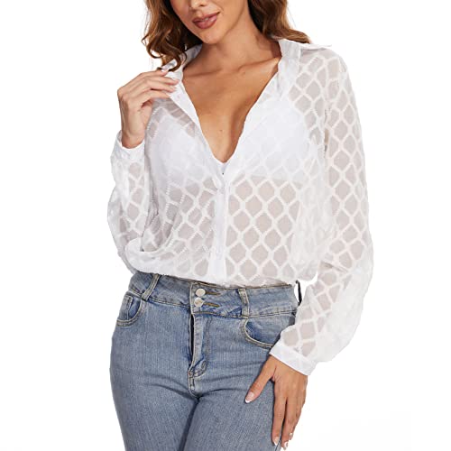 Miqieer Women's Long Sleeve V Neck Button Down Mesh Shirt