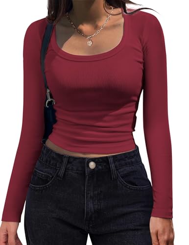 Hotouch Longsleeve Femme T-Shirt Manches Longues Coton Col Rond Stretch T-Shirt Élégant Manches Longues Ajusté Hauts Pull Basique Bordeaux S